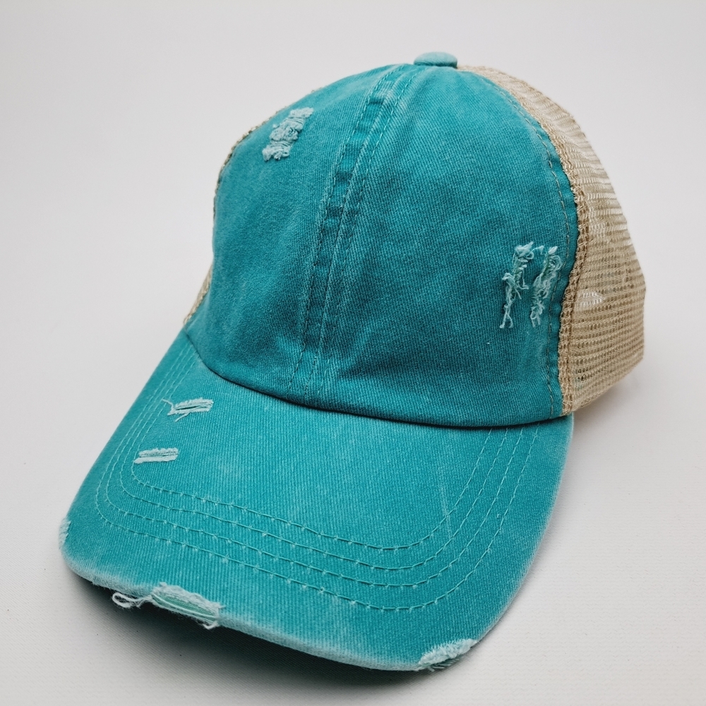 Ponytail Criss-cross Mesh Trucker Women's Cap Hat Distressed Blue